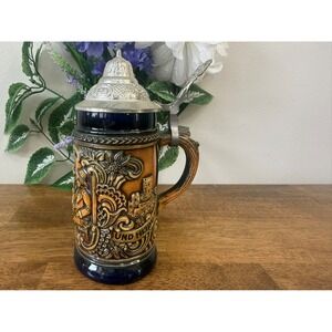 Vintage German Pottery Beer Stein‎ Cobalt Blue Relief Scene Pewter Lid Retro Bar